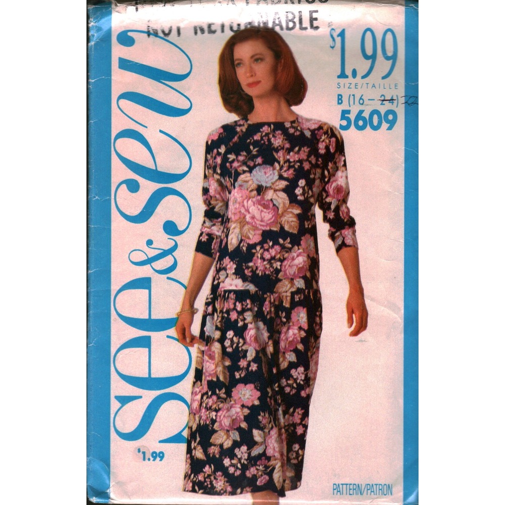 Butterick See & Sew 5609 Vintage Dress Pattern Size 16-22 Drop Waist Floral 1991